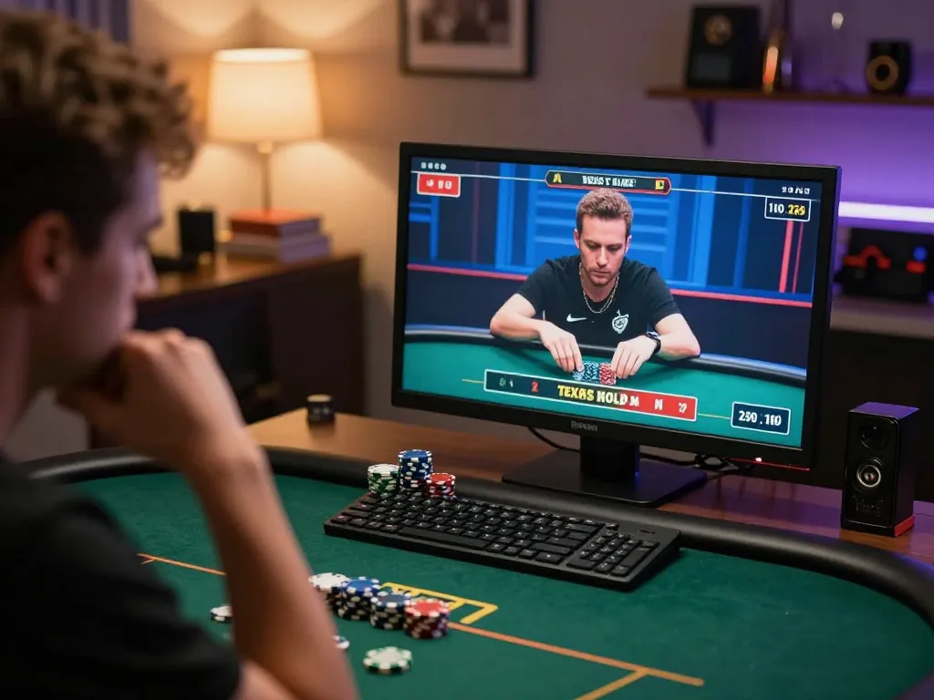 FC88 player engaging in intense online poker session showcasing betting strategy and focused gameplay.