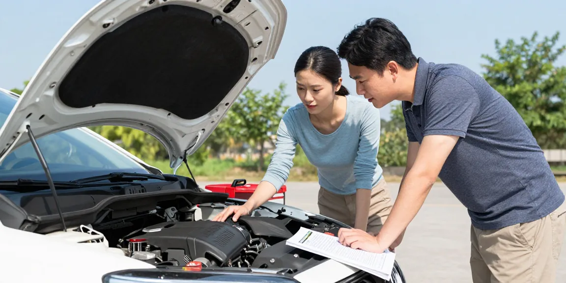 Engaged couple performing a car history check UK outdoors, inspecting a used car's engine for potential issues.