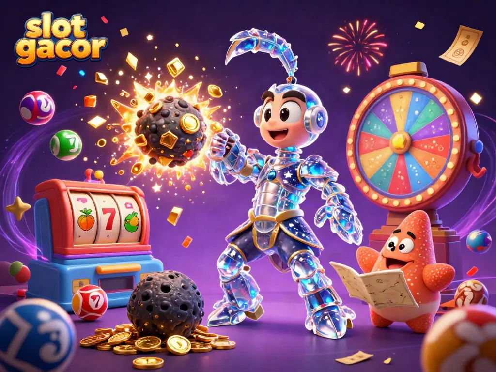 Experience slot gacor excitement with a cartoon shrimp battling asteroids, exploding gems, and colorful game elements.