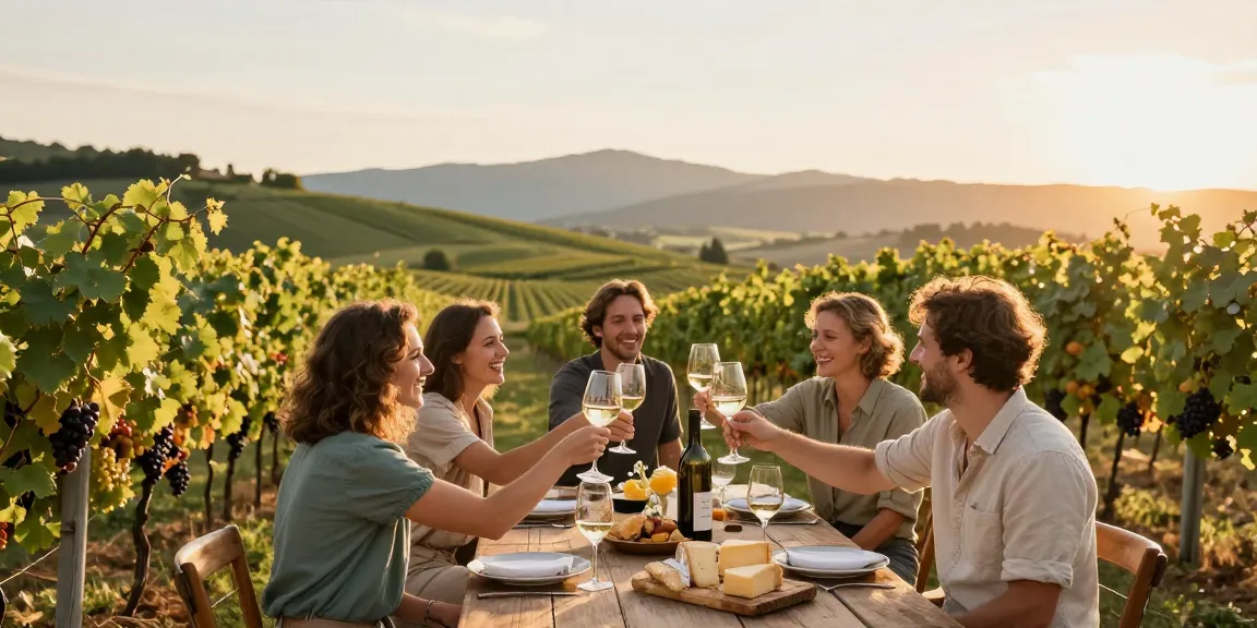 Group enjoying LI Press wine in picturesque vineyard at sunset.