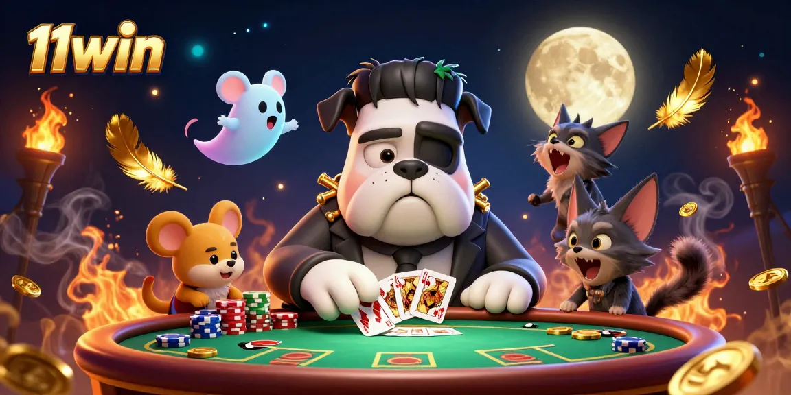 Engage at 11win with lively poker action featuring a Frankenstein bulldog and ghostly elements.