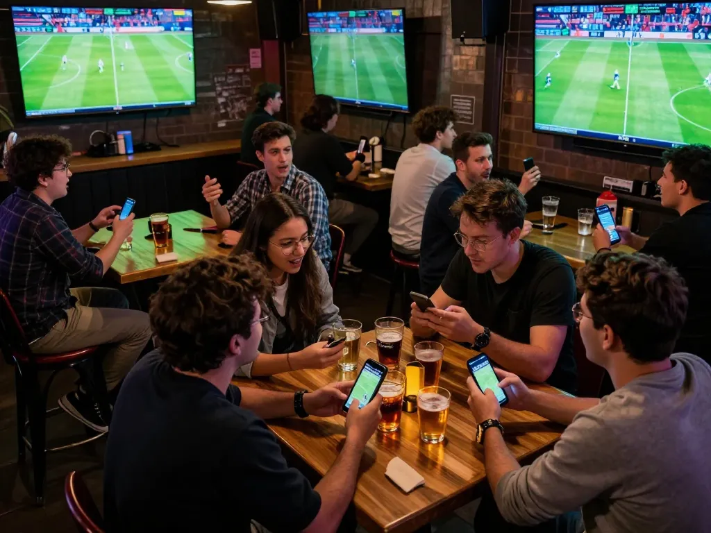 Engaging fans watching bong da truc tiep at lively sports bar with exciting atmosphere.