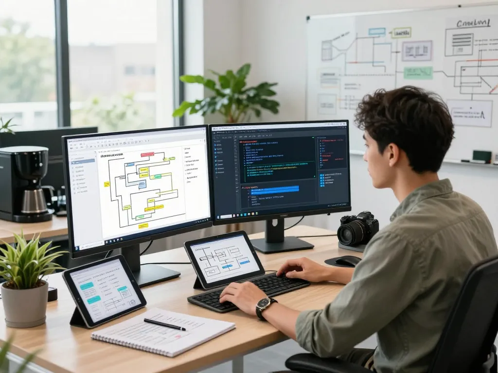 Automation architect using make.com for workflow optimization in a modern office.