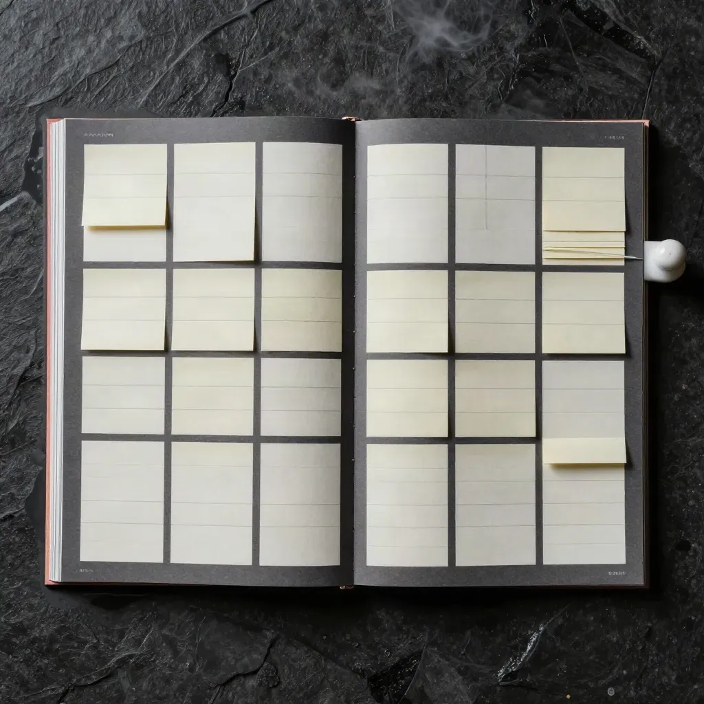 Overhead folio planning flatlay with sticky tabs, card stacks and ceramic weight on wet black stone.