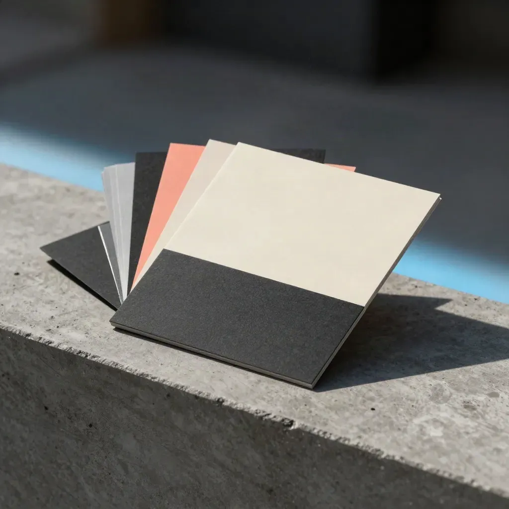Charcoal launch pack folio slides on concrete with blue glow, paper stack, and steel clip.