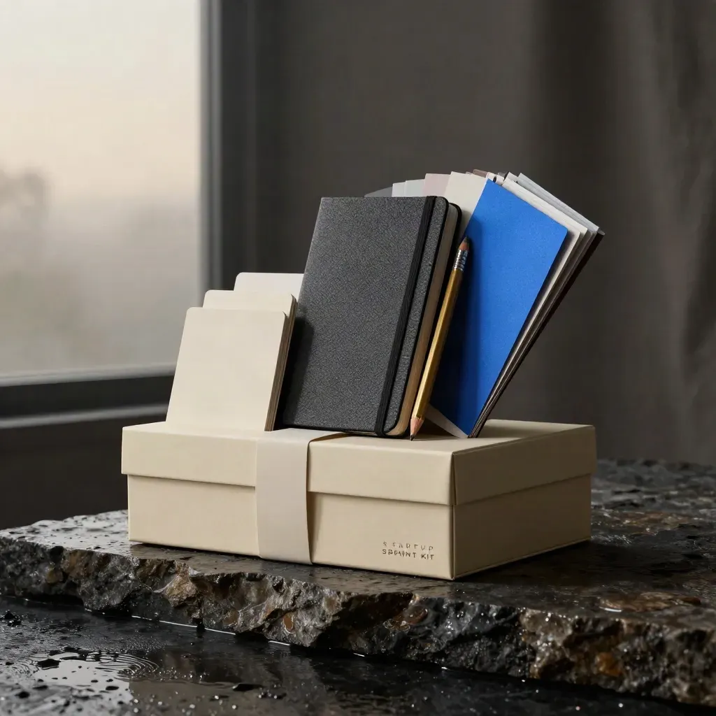 Cream startup kit box with cards, notebook, brass pencil and swatches on rain-dark stone.