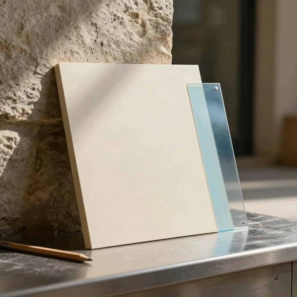 Cream presentation sleeve with acetate divider and paper swatches on brushed metal by a stone wall.