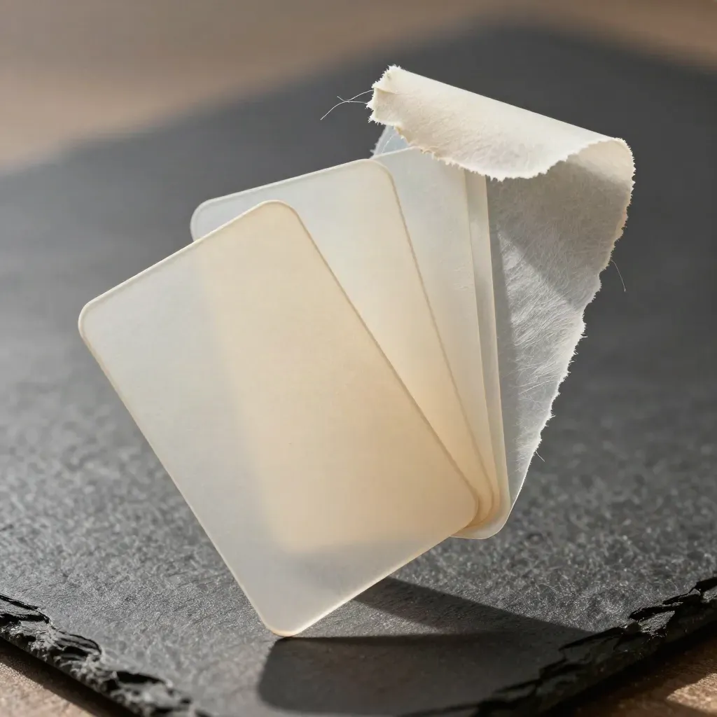 Black card deck wrapped in vellum, fanned above slate with paper fibres in the light.