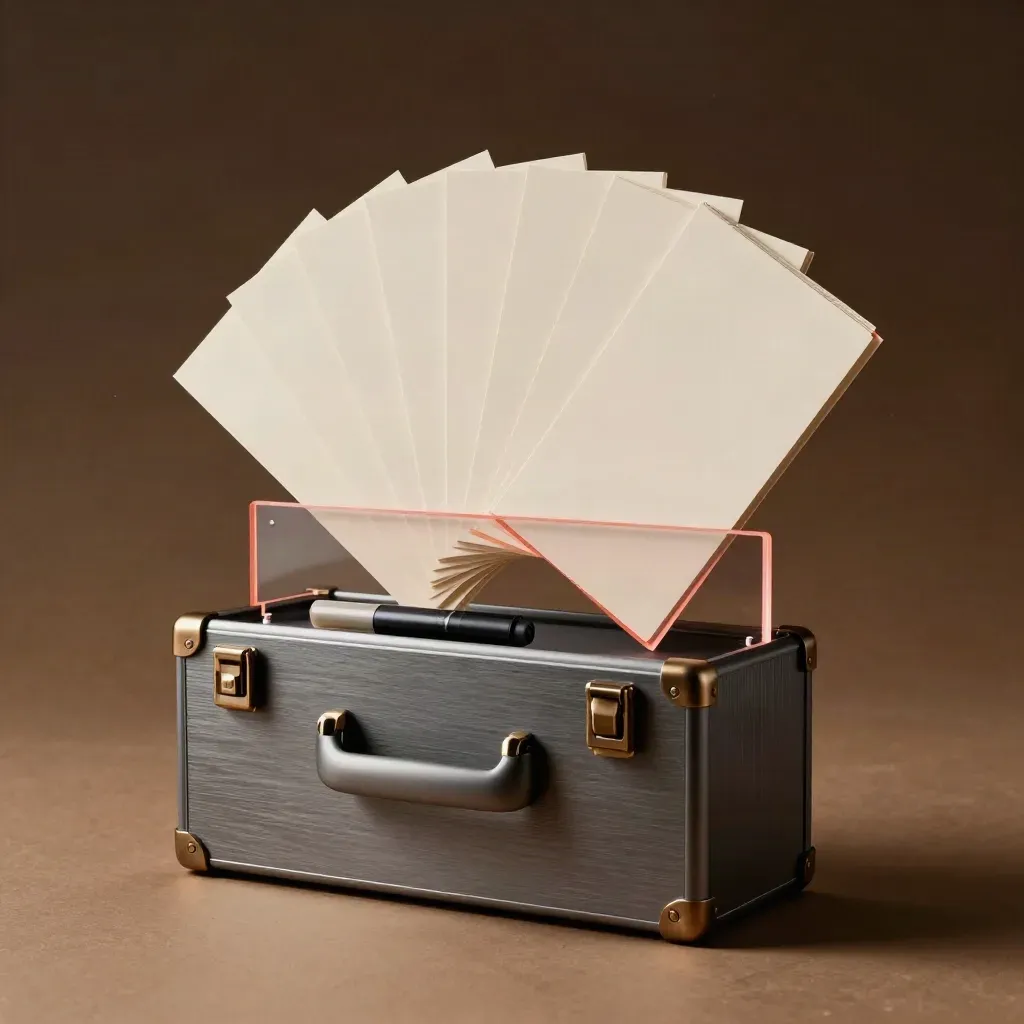 Floating campaign idea board case with blank cards, clip rail, and coral-tinted studio glow.