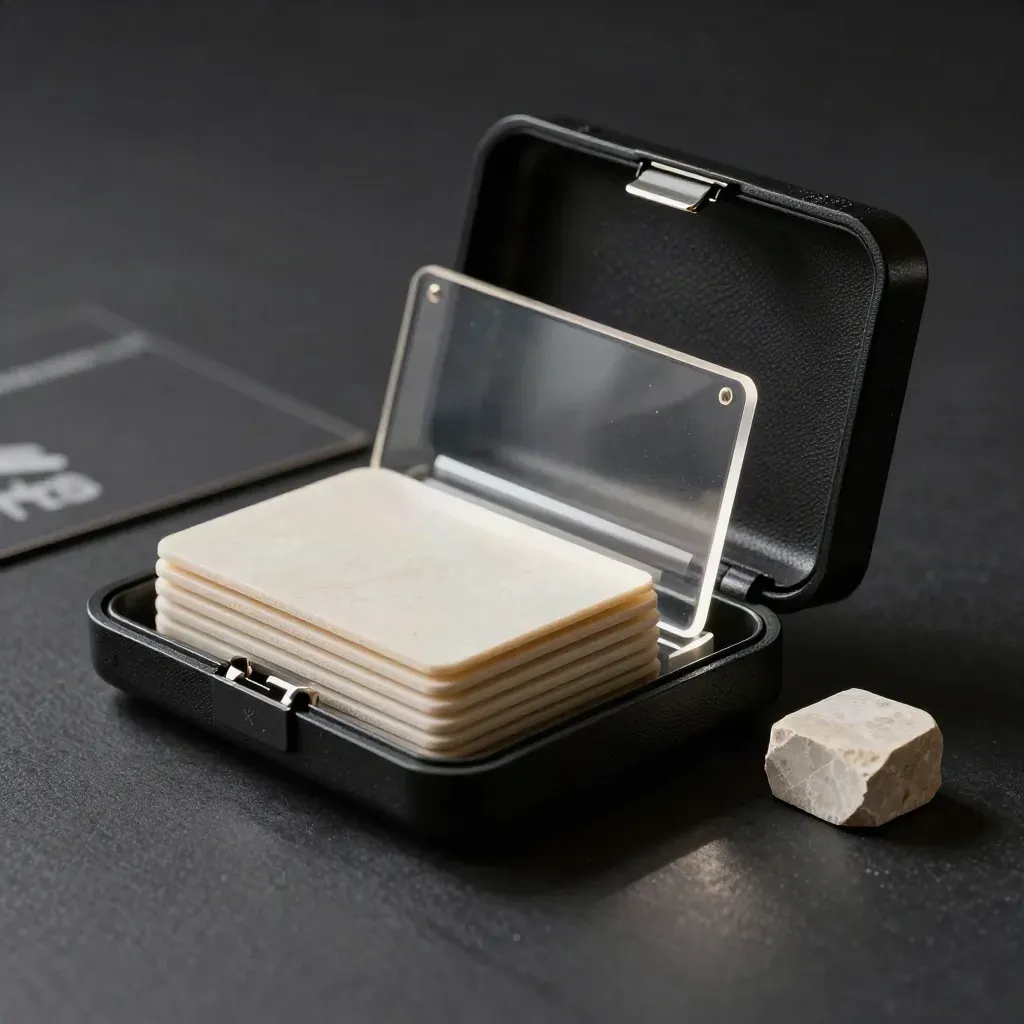 Black toolkit with acetate divider, sample chips, and stone block on a dark studio surface.