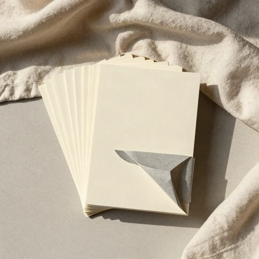Cream idea cards and a clipped stack half-wrapped in graphite linen on pale concrete, top-down.
