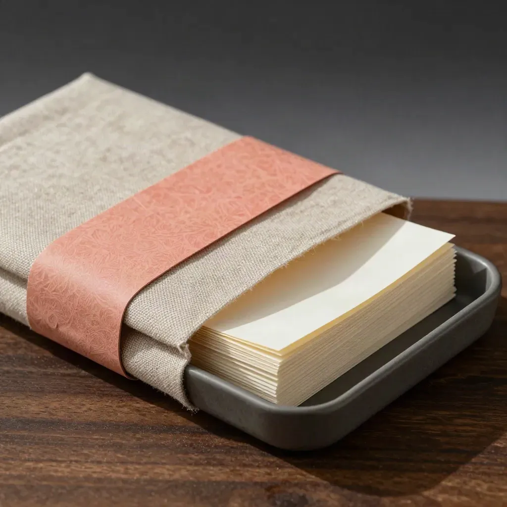 Linen-wrapped Founder Story Kit folio in a tray with waxed band and fanned cards.