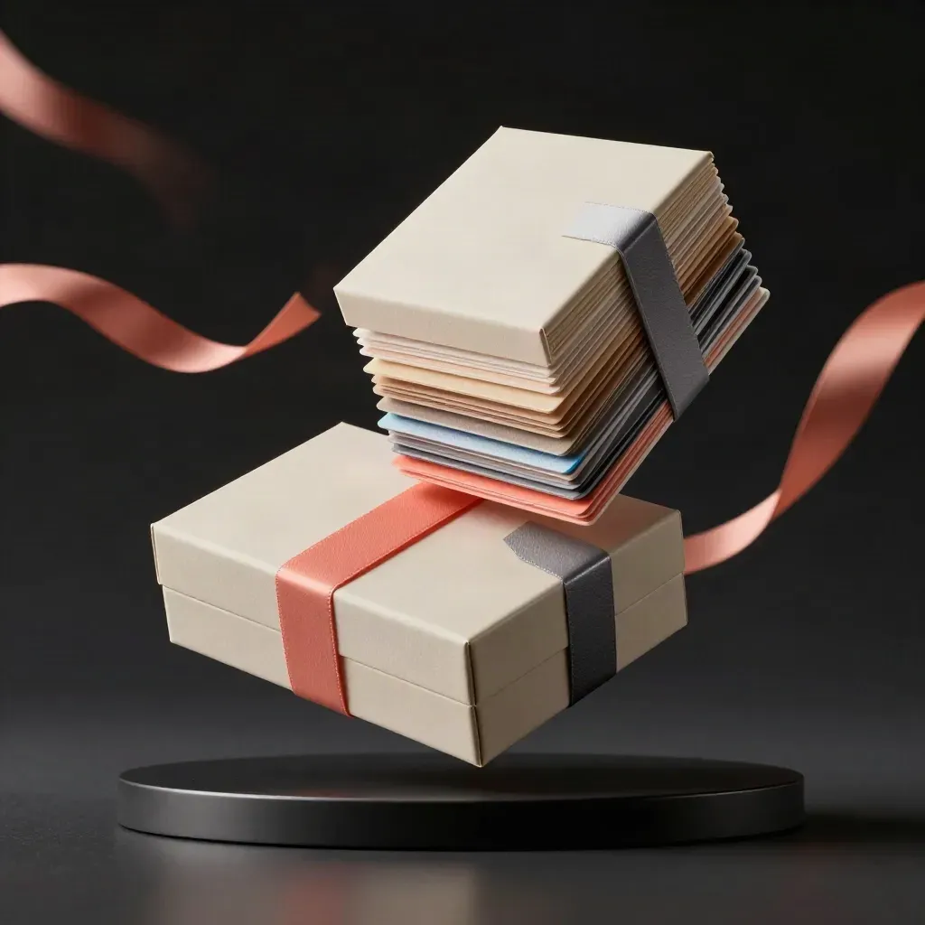 Two premium boxes with ribbon and swatches bursting mid-air on a dark plinth.