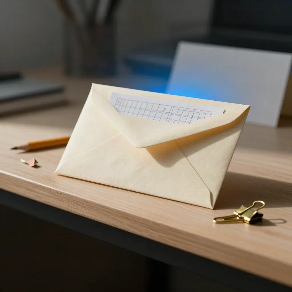 Cream envelope set with scorecard, pencil shard and brass clip on a pale wood shelf.