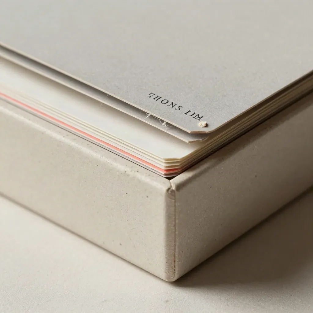 Macro of a travertine archival box with cards and a folded slip on plaster