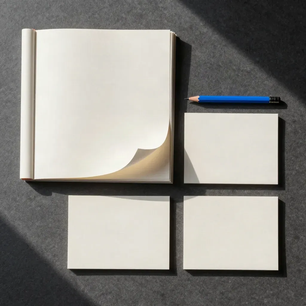 Overhead flatlay of pitch deck papers, acetate sheet, pencil stub, and note cards on dark felt.