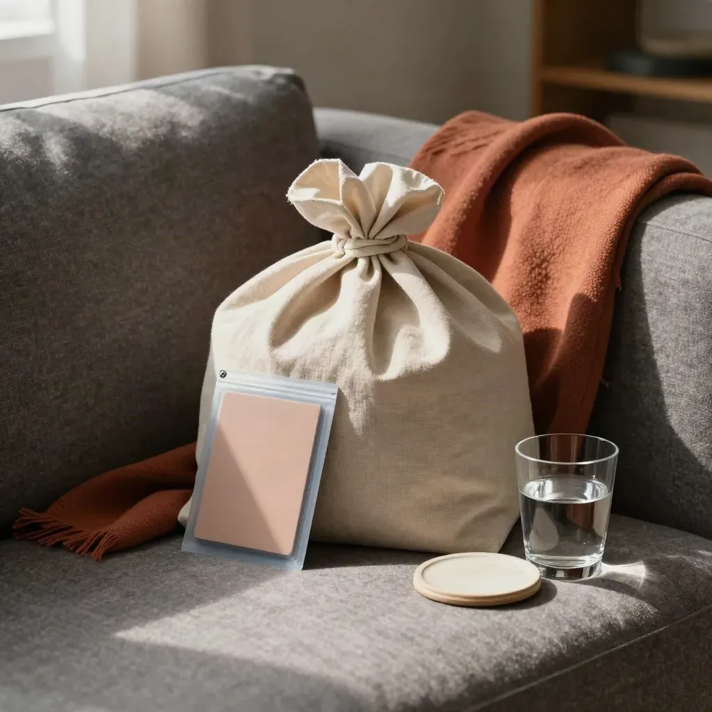 Cloth-wrapped replay pack, media sleeves, throw, coaster and water glass on a studio sofa.