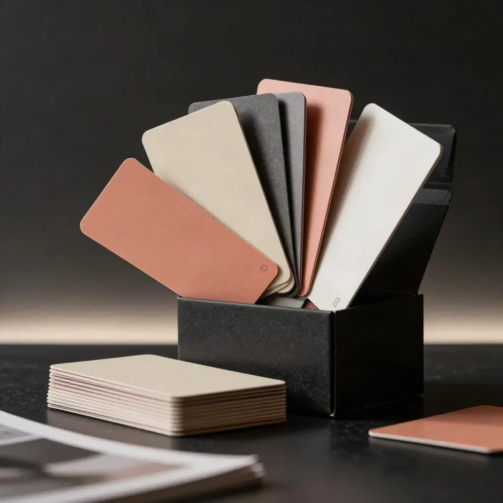 Concept card set bursting from a matte box with coral and ivory chips on a dark studio surface.