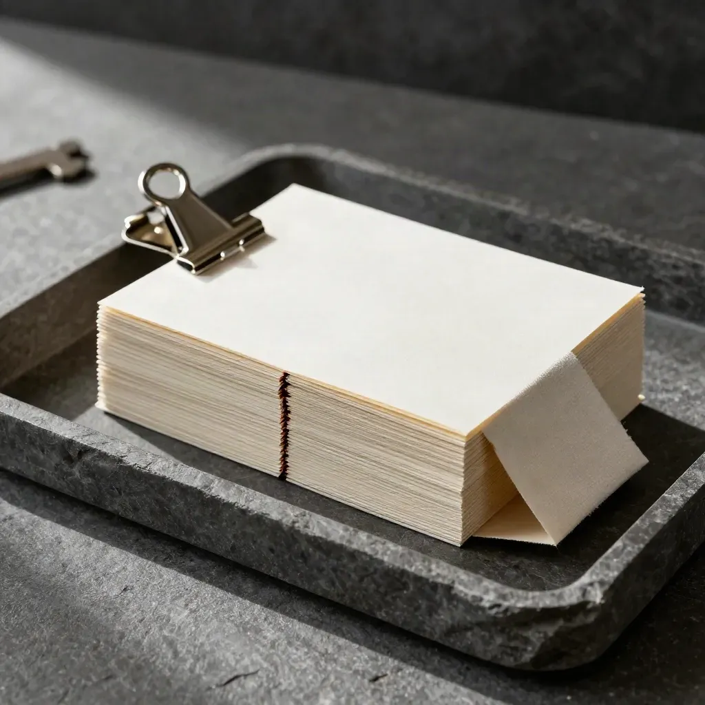 Folded FAQ paper kit in a slate tray with cream cards, cloth tab and steel clip.