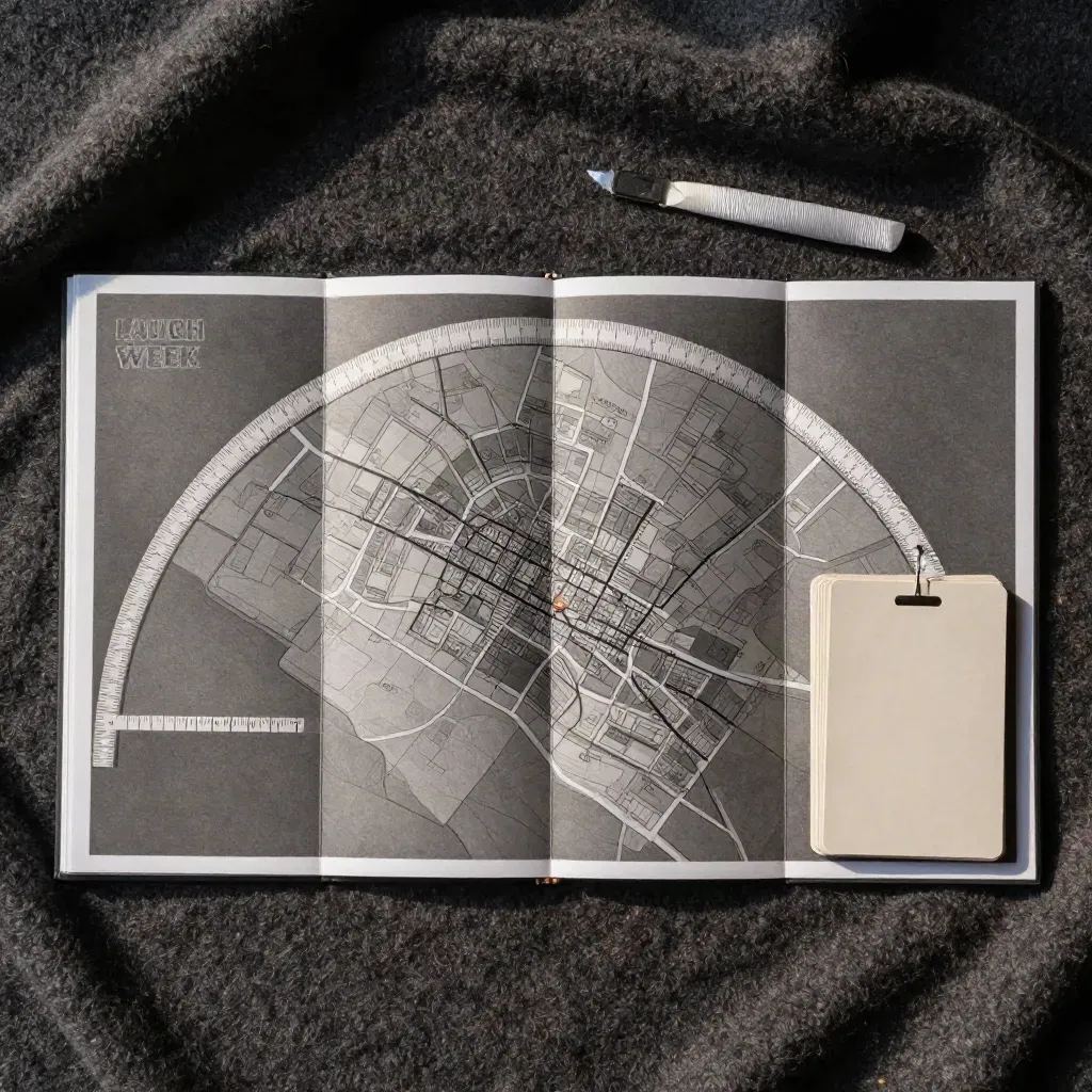 Top-down folio flat lay on dark wool with ribbon marker and card stack