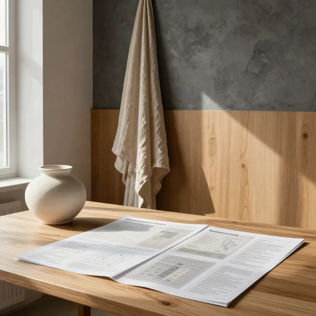 Sunlit studio corner with oak, ceramic vessel, linen drape, and calm copy space.