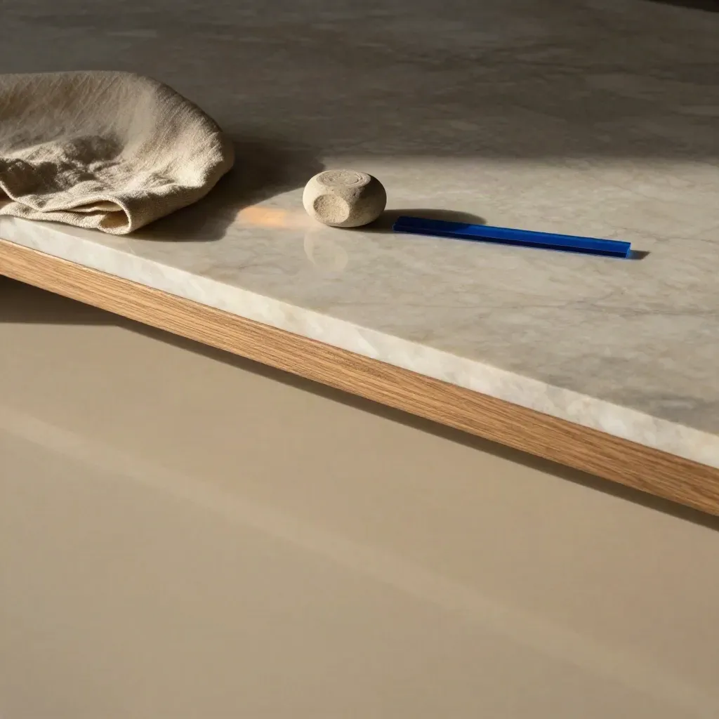Sunlit marble and oak surface with linen, stone and a faint blue accent, calm copy space below.