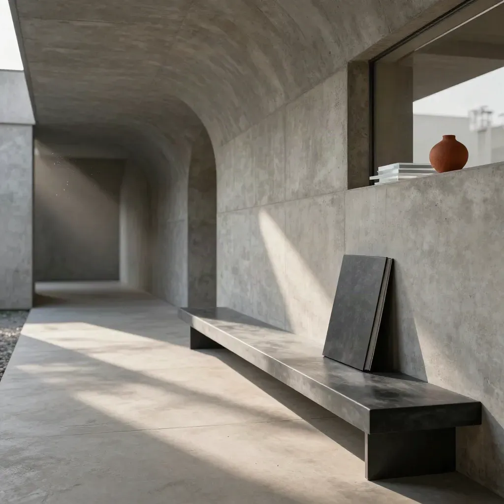 Concrete corridor with arched opening, graphite bench, and warm light over a quiet copy-ready floor.