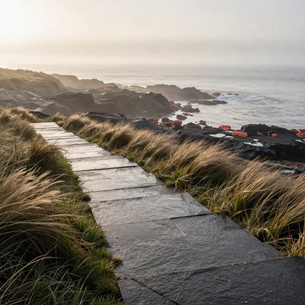 Misty shoreline terrace with wet stone steps, wind-bent grass, and a glowing horizon.
