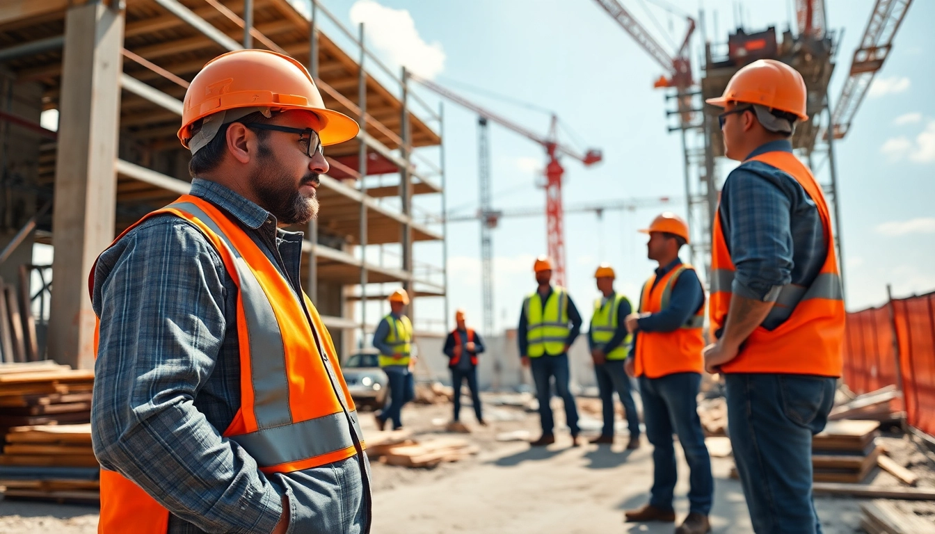 New Jersey Commercial General Contractor supervising a busy construction site with workers in action.