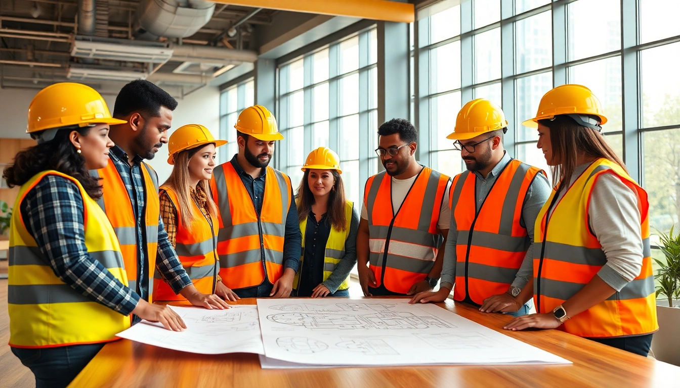 Showcasing construction advocacy through professionals collaborating on building plans.