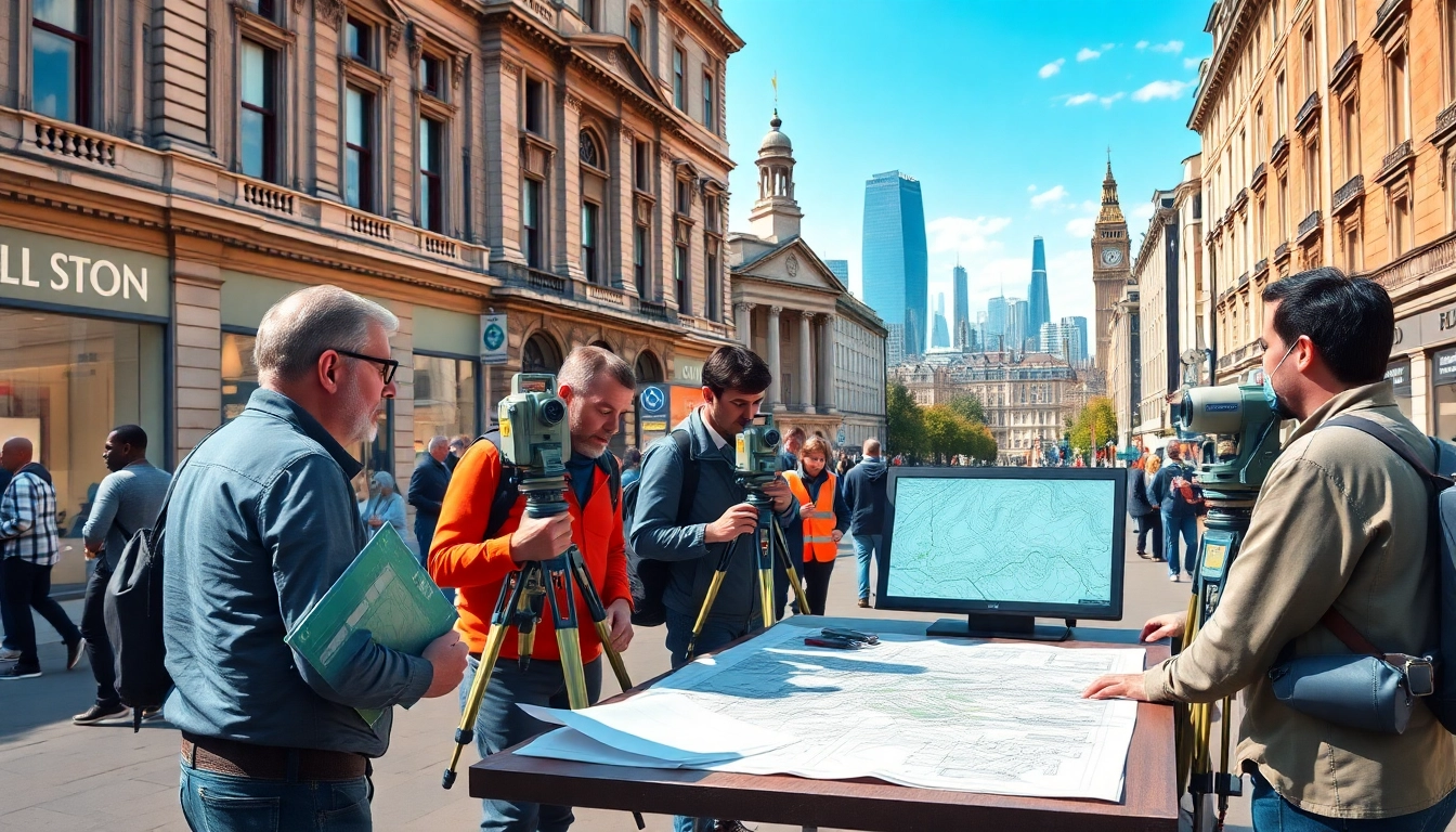 Measured Building Surveyors London collaborating on advanced surveying techniques in a bustling urban setting.