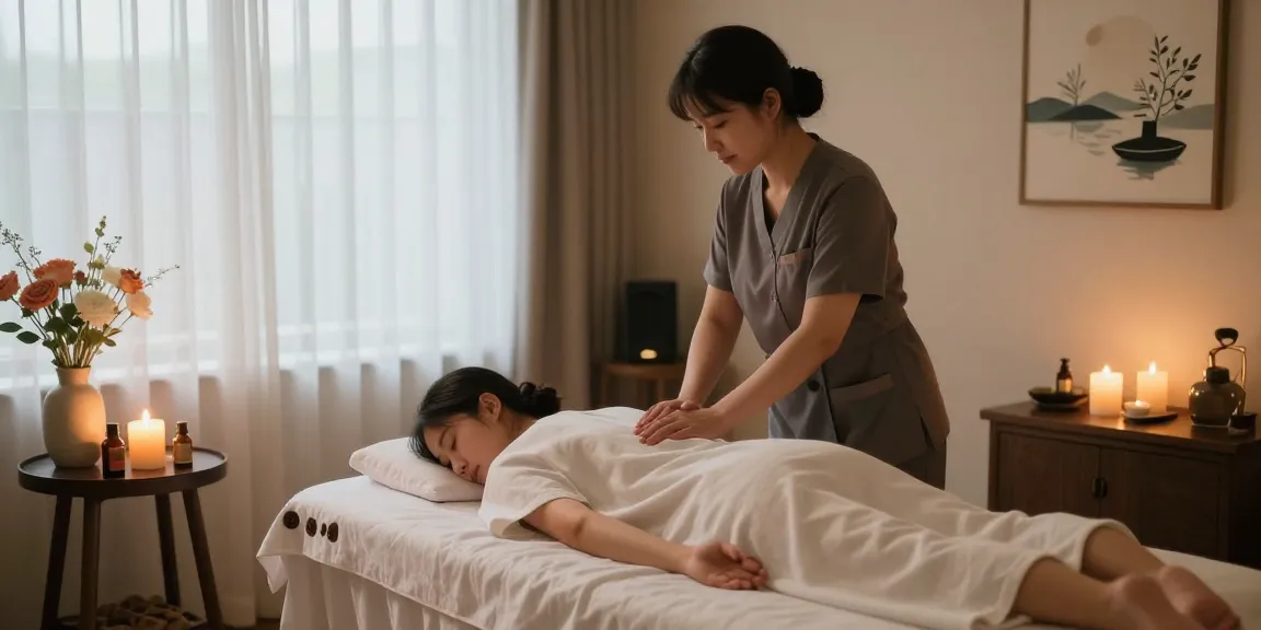 An experienced therapist conducting a soothing 안산출장안마 session in a tranquil spa environment, emphasizing relaxation and comfort.