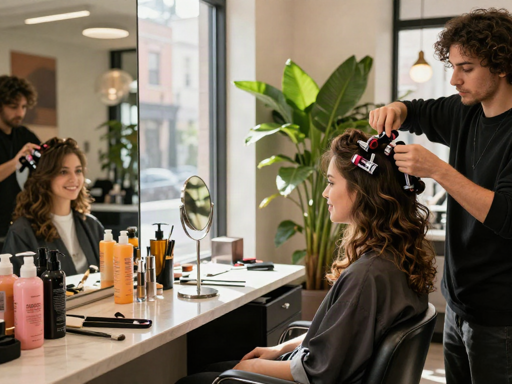 Transformative beauty scene of a stylist applying curly clip ins in a chic salon, showcasing vibrant hair products.