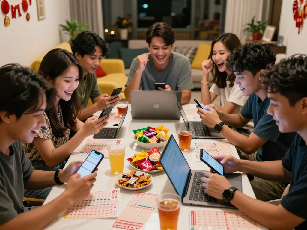 Sekelompok teman memeriksa hasil lotere HK dengan penuh semangat di ruang tamu yang nyaman.