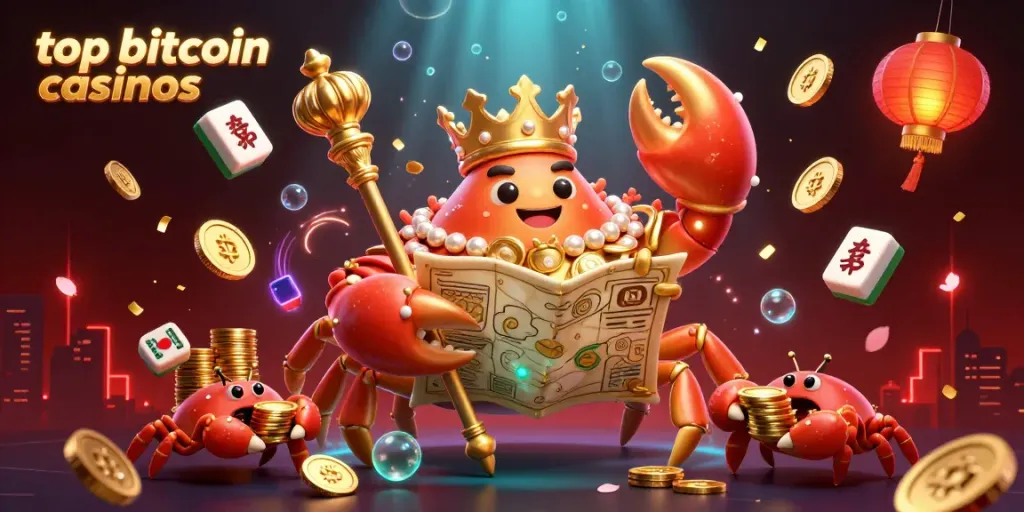 Experience top bitcoin casinos with a vibrant, lively scene featuring a golden crab emperor amidst Bitcoin coins, mahjong tiles, and festive decor.