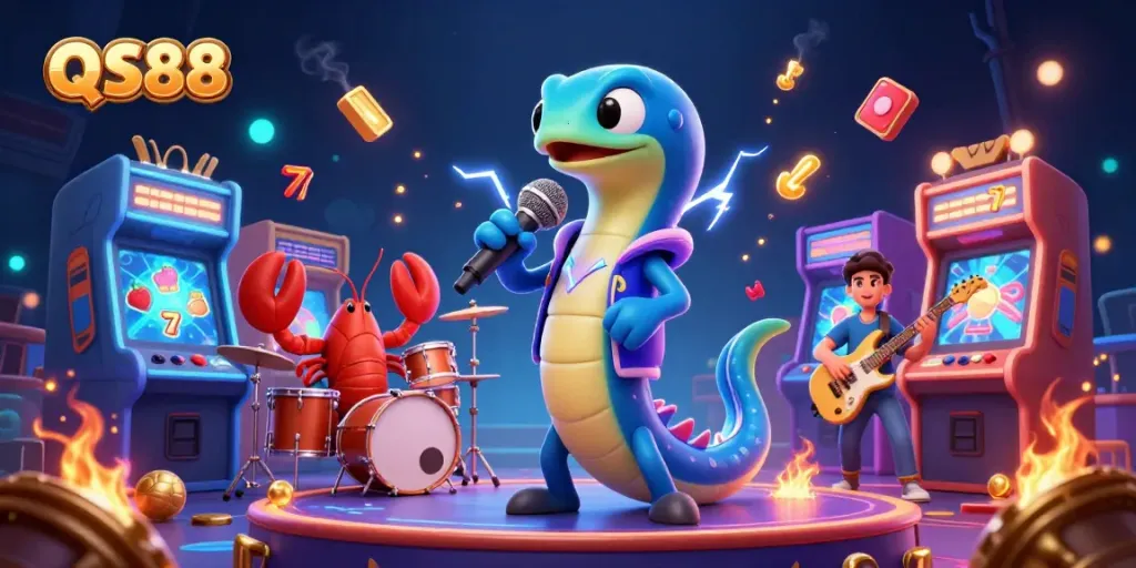 Experience thrilling gaming at QS88 with an energetic underwater casino scene featuring an electric eel DJ and vibrant game machines.