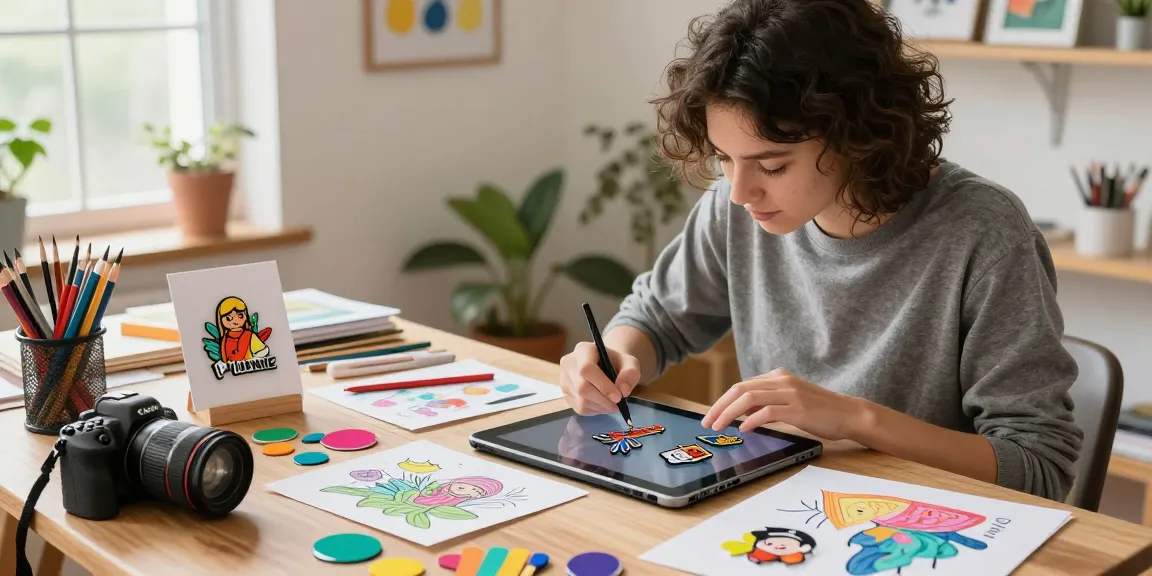 Custom acrylic pins design process with artist in colorful home studio.