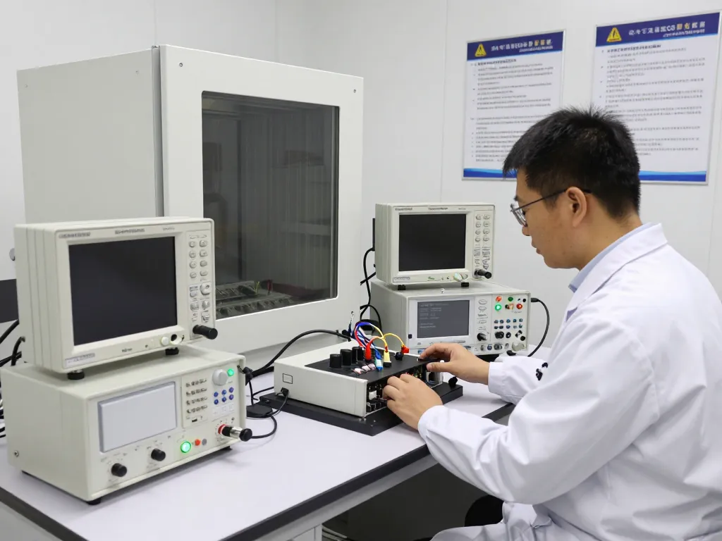 Technician performing EMC testing in a high-tech laboratory with advanced equipment.