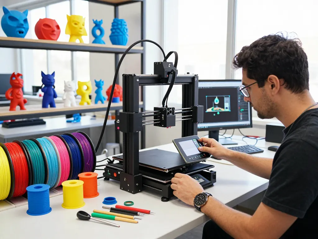 Technician operating a 3D printer, surrounded by colorful filaments and completed designs.