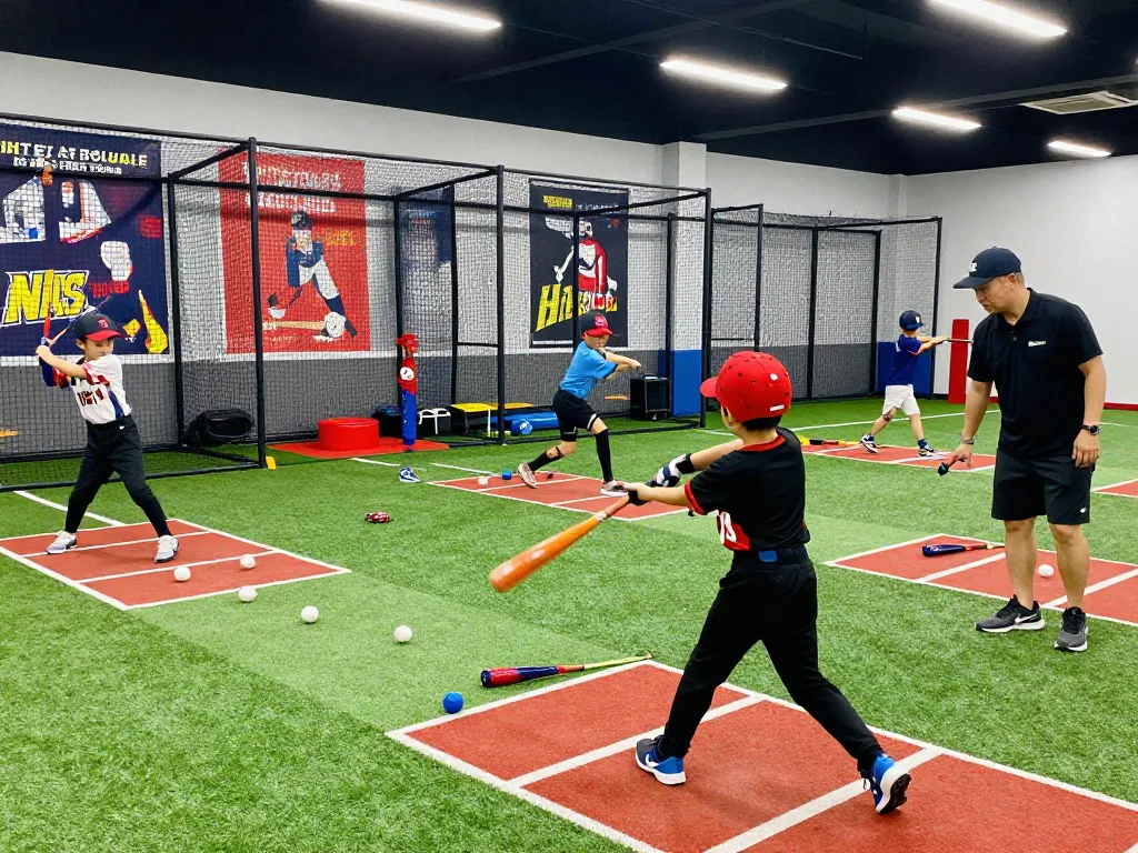 Youth athletes training at Hit Club batting facility, showcasing teamwork and skill development.