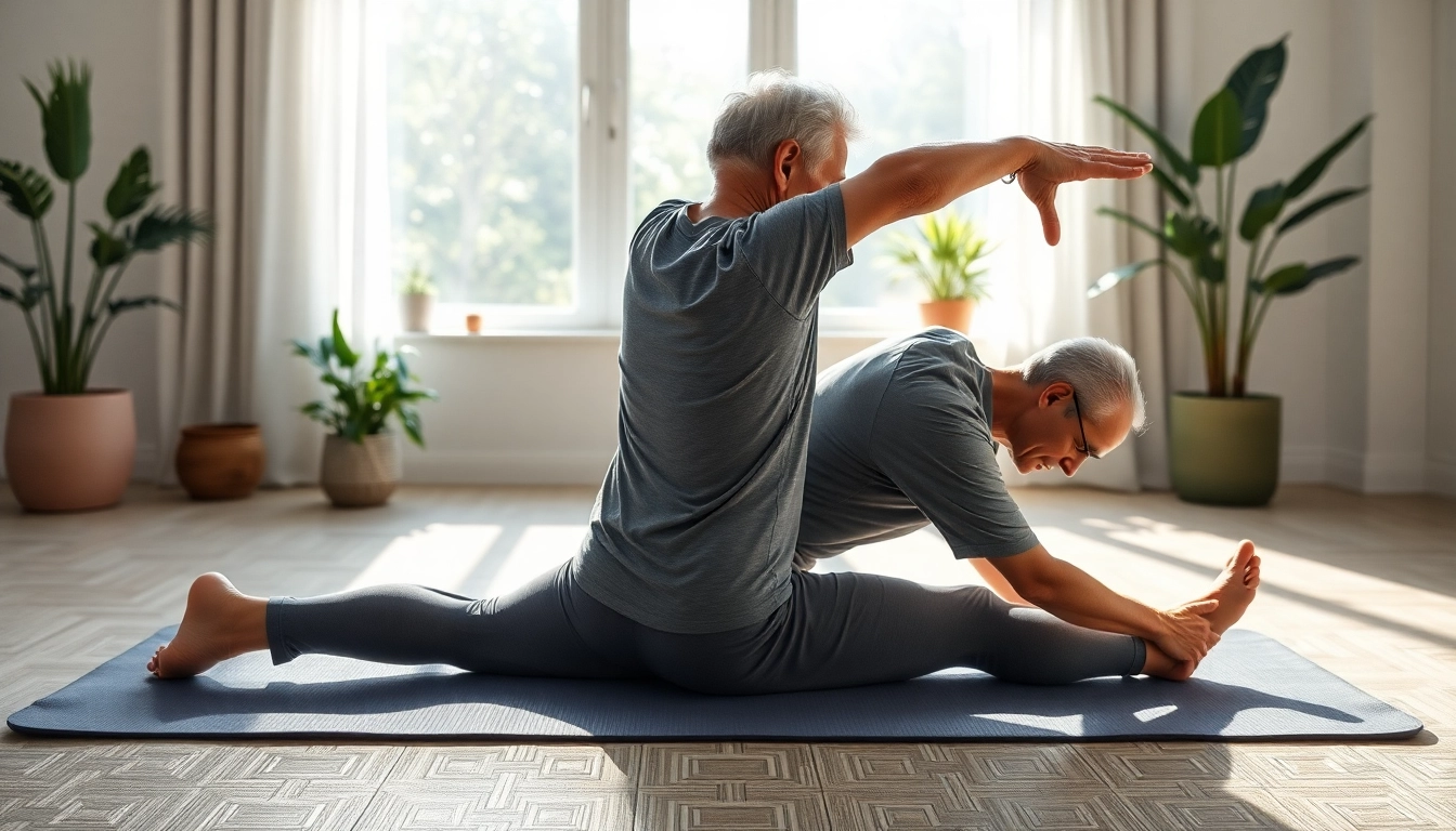 Addressing chronic low back pain through stretching in a serene, sunlit yoga environment.