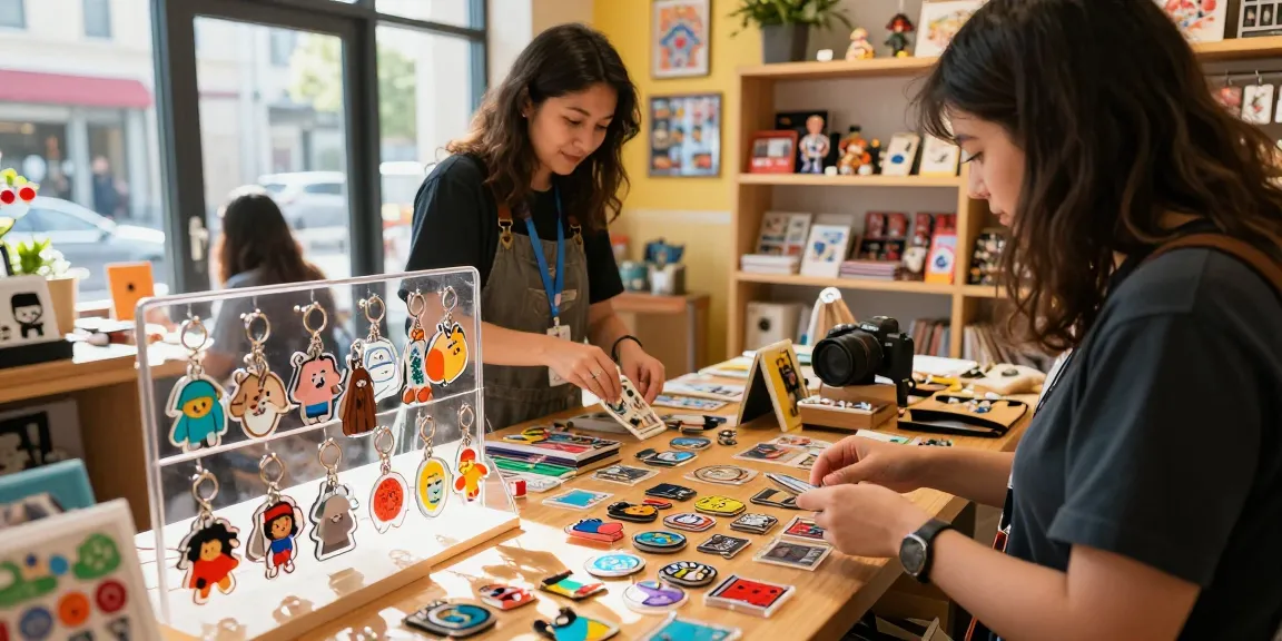 Colorful acrylic keychains displayed in a vibrant retail shop, customers engaged in selecting custom designs.