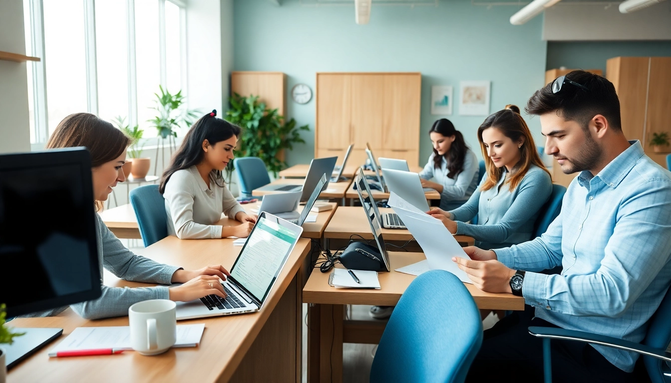 Engaged users processing their uk eta online application in a modern office environment.