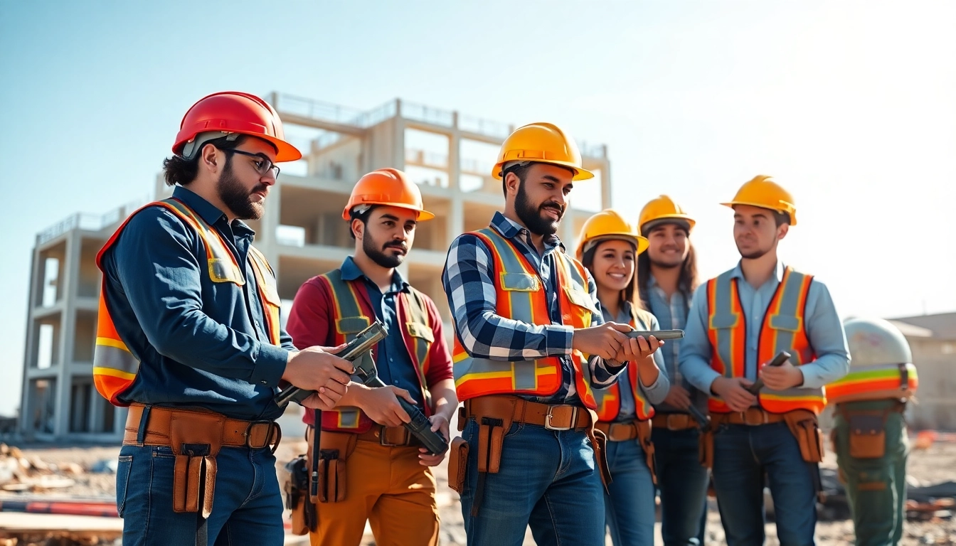 Contractor apprenticeship training in action with diverse professionals on a construction site.