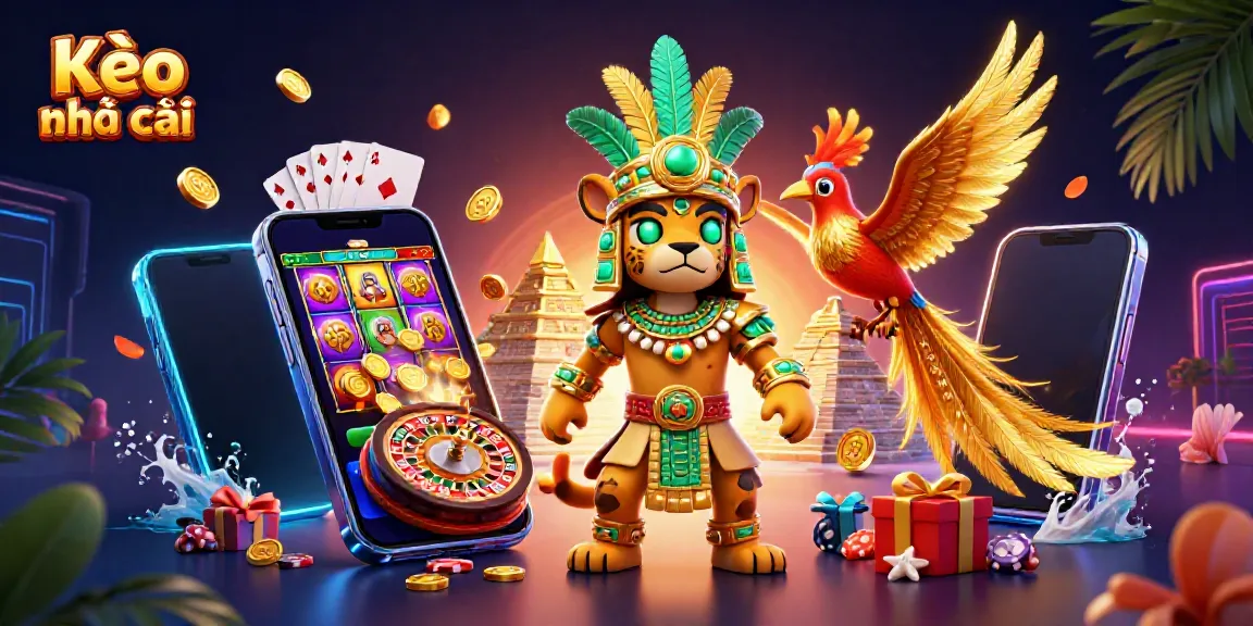 Engage with Kèo nhà cái through vibrant online gaming elements in a striking illustrated scene.
