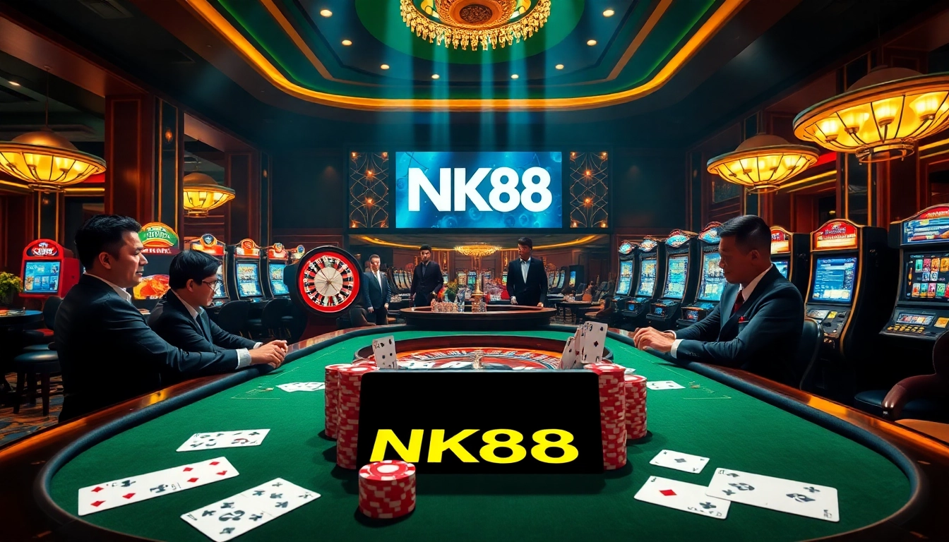 Experience thrilling gameplay at NK88's sophisticated casino tables with vibrant chips and cards.