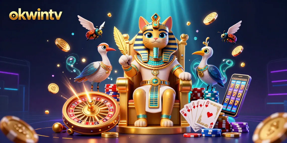 Engage with okwintv's vibrant gambling scene featuring a cartoon pharaoh cat and exciting game elements.