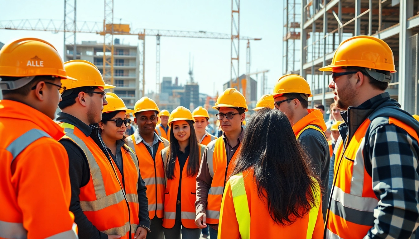 Engaging construction site safety training with diverse participants learning safety protocols effectively.
