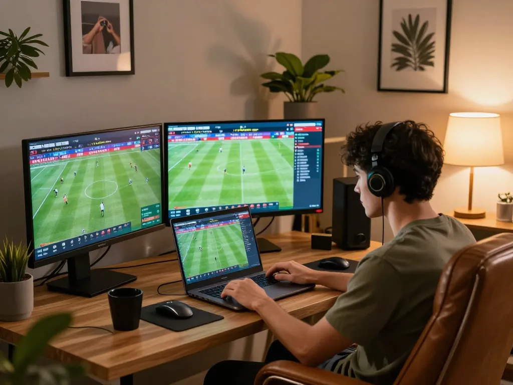 Engaged player using laptop for FC88 sports betting during a live match.
