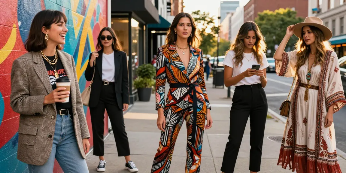 Stylish women in urban fashion showcasing women's fashion trends against a vibrant city backdrop with natural light.